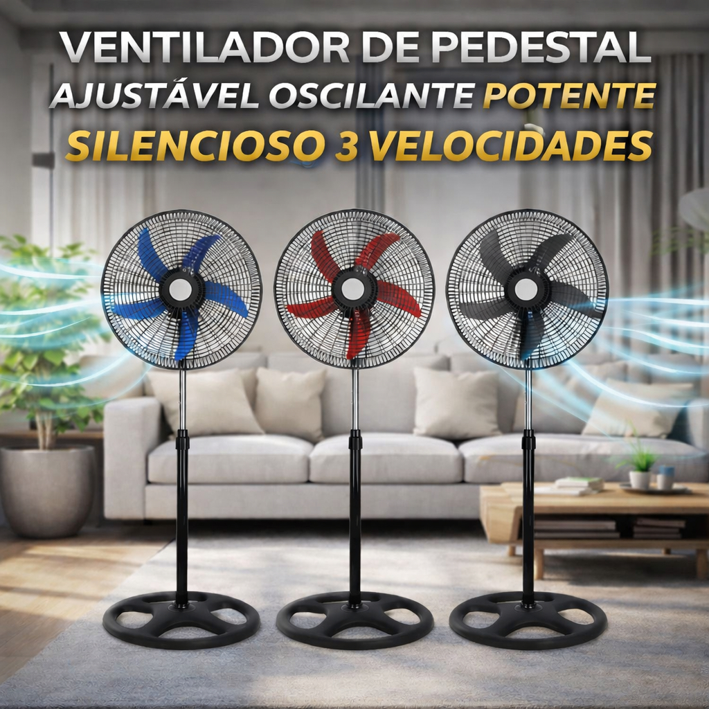Ventilador de Pedestal Potente Coluna Ajustável Oscilante Silencioso 3 Velocidades Ventilador Grande Residencial
