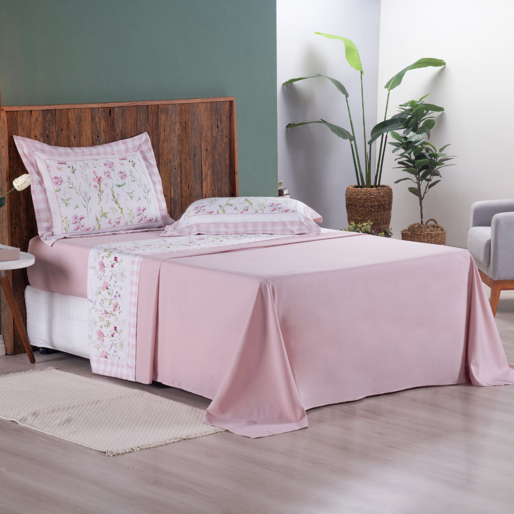 Jogo de Lençol Lily Completo 4 Peças Queen 100% Poliéster Micropercal 300 Fios Estampa Digital Rosa