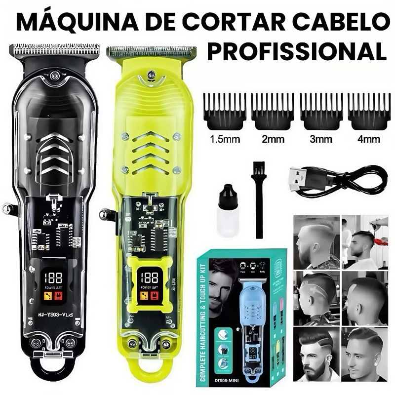 Máquina De Cortar Cabelo Profissional Painel Digital Barbeador Elétrico Transparente Sem Fio Para Cabelo e Barba