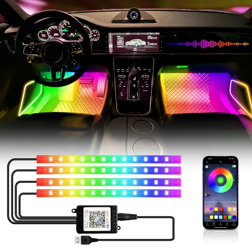 Neon 36 48 72 LED Interior Do Carro Luz Ambiente Sem Fio Remoto Música APP Controle RGB Atmosfera Lâmpada Decorativa Ace