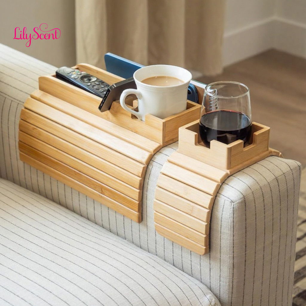 Bamboo Sofa Arm Tray Easy Clean 1 or 2 Pcs Armrest Table with Removable Cup Holder Foldable Wooden Couch Side Organizer