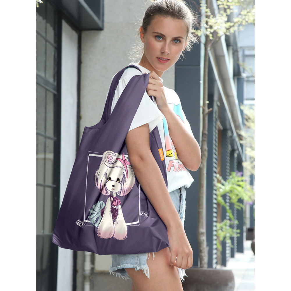 Fundo roxo senhora cão dos desenhos animados moda dobrável Eco-Friendly saco de compras saco de ombro viagem saco de arm