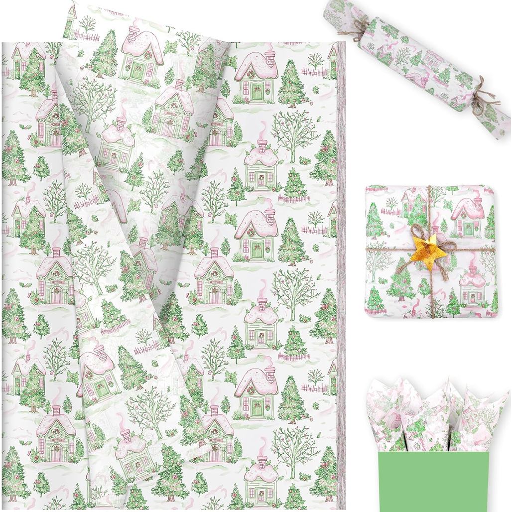 100 Sheets Pink Xmas Toile Tissue Paper, 20 x 14in Coquette Bows and Preppy House Tissue Paper for Christmas Gift Wrappi