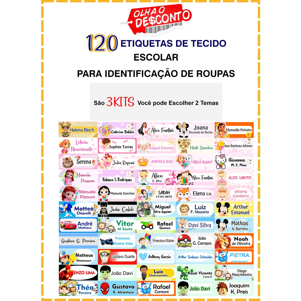 120 Etiqueta Escolar de Identificação Para Roupa Personalizada Termocolante  Vários Temas