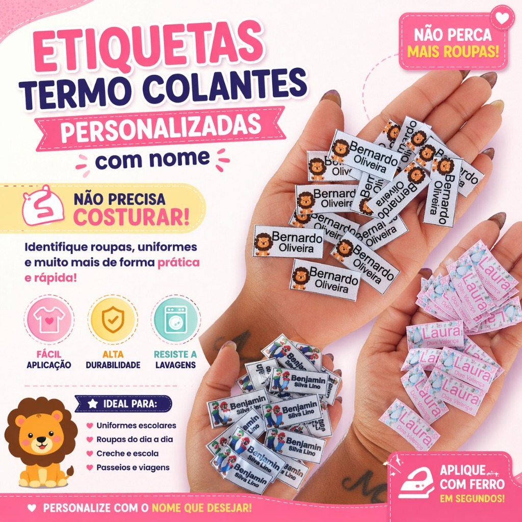 Etiquetas Termo Colantes Personalizadas com Nome | Para Uniforme Escolar e Roupas | Não Precisa Costurar