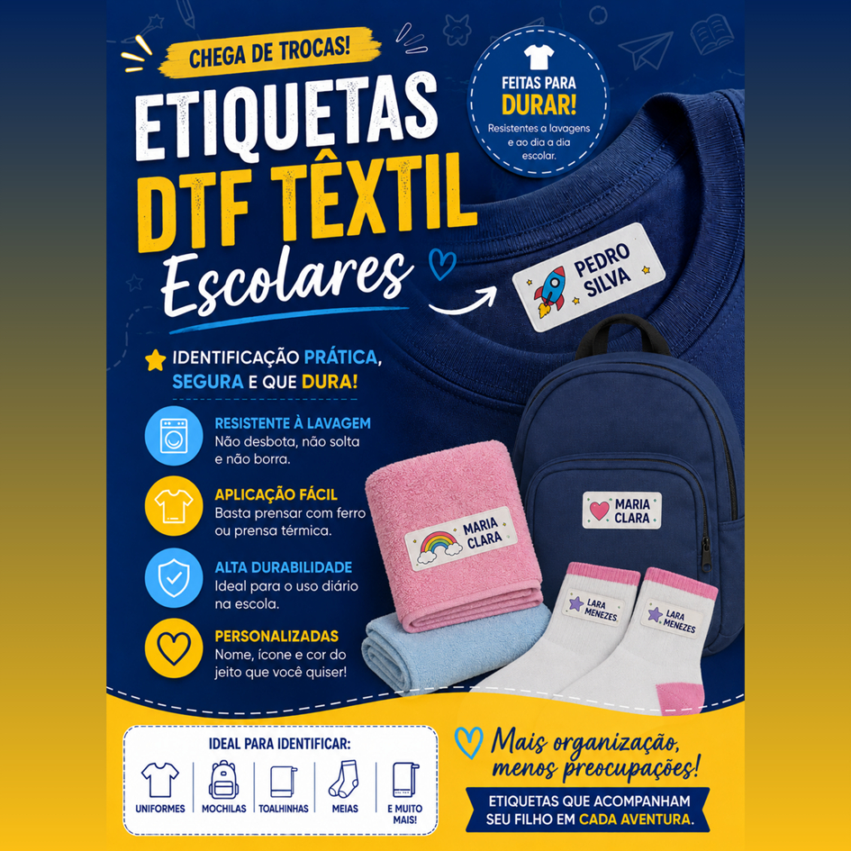 ETIQUETAS - DTF TÊXTIL - 5CMX1,2CM - DIVERSOS TEMAS - ENVIE NAS OBSERVAÇÕES - LEIA O ANUNCIO!!!! ENVIO RÁPIDO