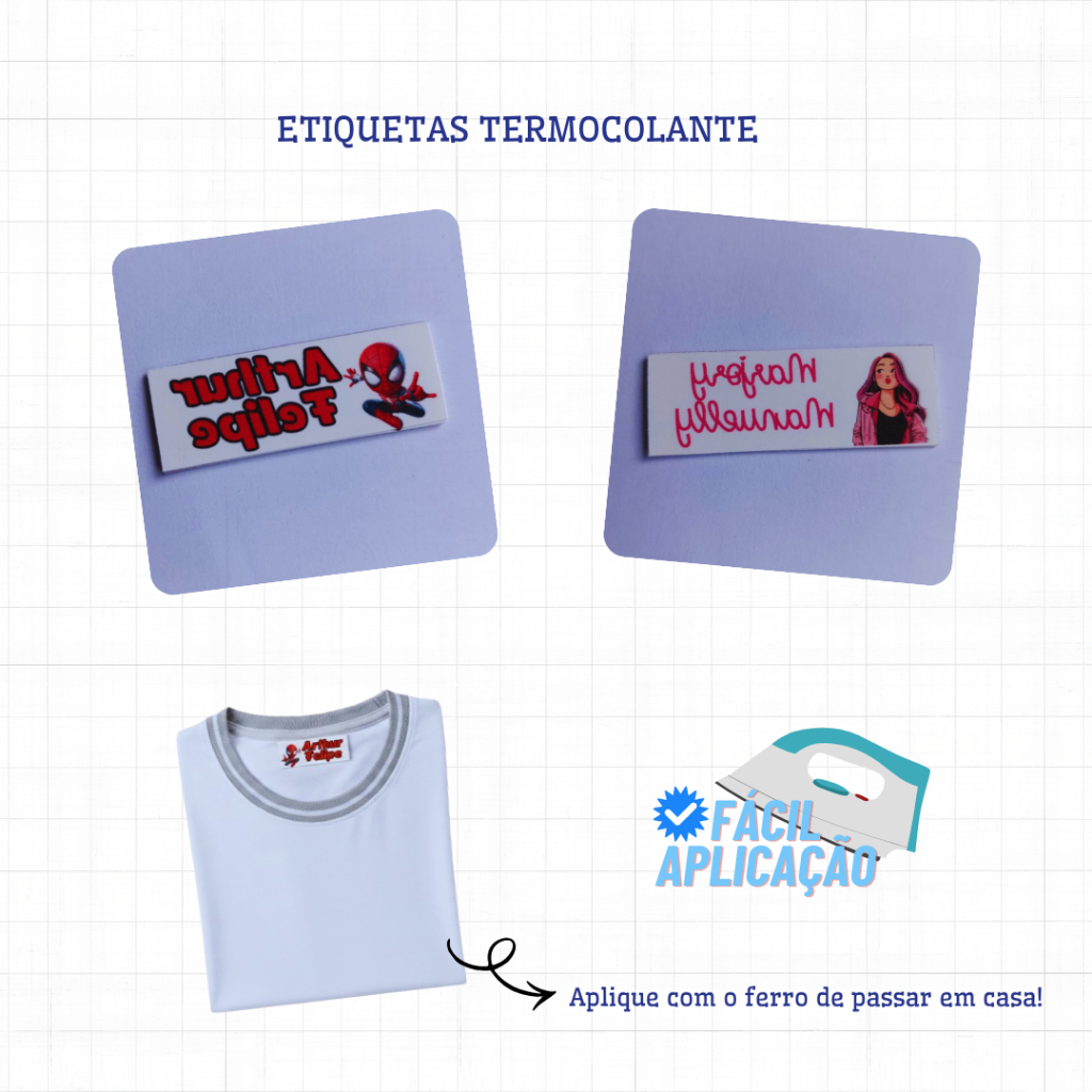 ENVIO IMEDIATO - Etiqueta Termocolante Tecidos claros - Personalizamos em qualquer tema - Fácil Aplicação