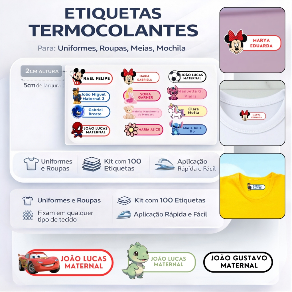 100 Etiquetas Termocolantes 5X2cm para para Uniforme Escolar e Roupas com Nome e Personagem PERSONALIZAMOS QUALQUER TEMA