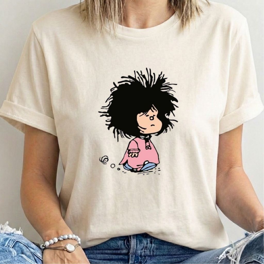 Camiseta Feminina Mafalda Estampada Casual Divertida Tumblr Algodão Estilo Fofo Moda Dia a Dia