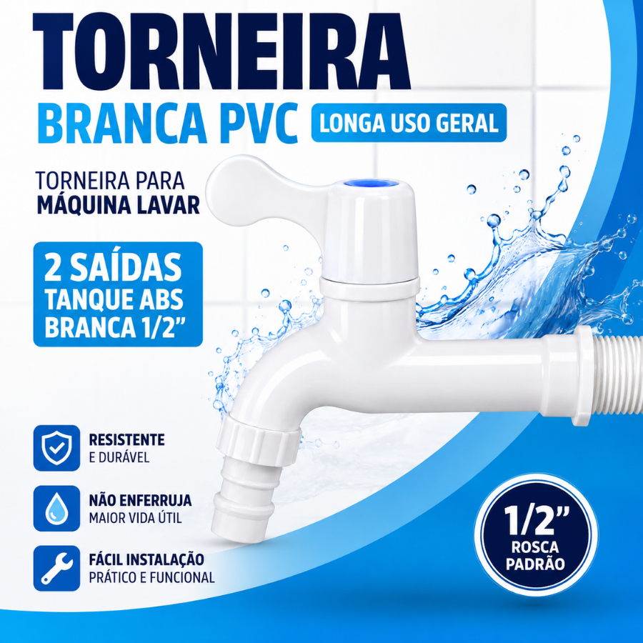 Torneira Branca PVC Longa Uso Geral Torneira para Máquina Lavar 2 Saídas Tanque Abs Branca 1/2