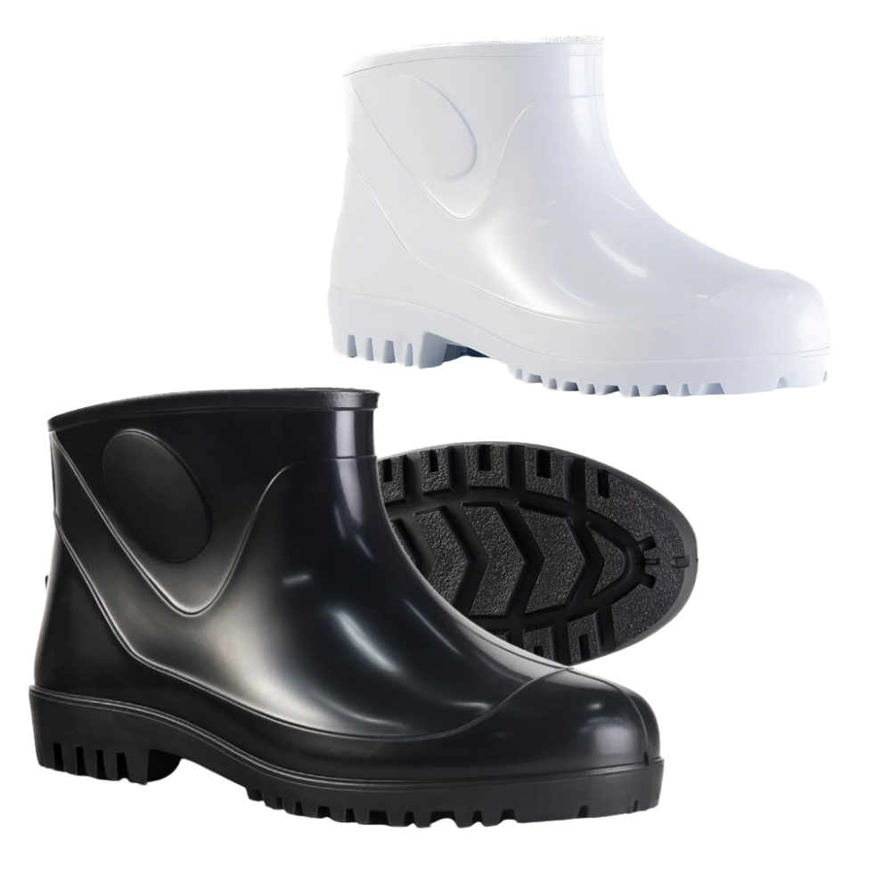 Bota Galocha PVC Cor Preta e Branca Impermeável Antiderrapante Cano Curto para Pesca, Limpeza Profissional, Açougues,