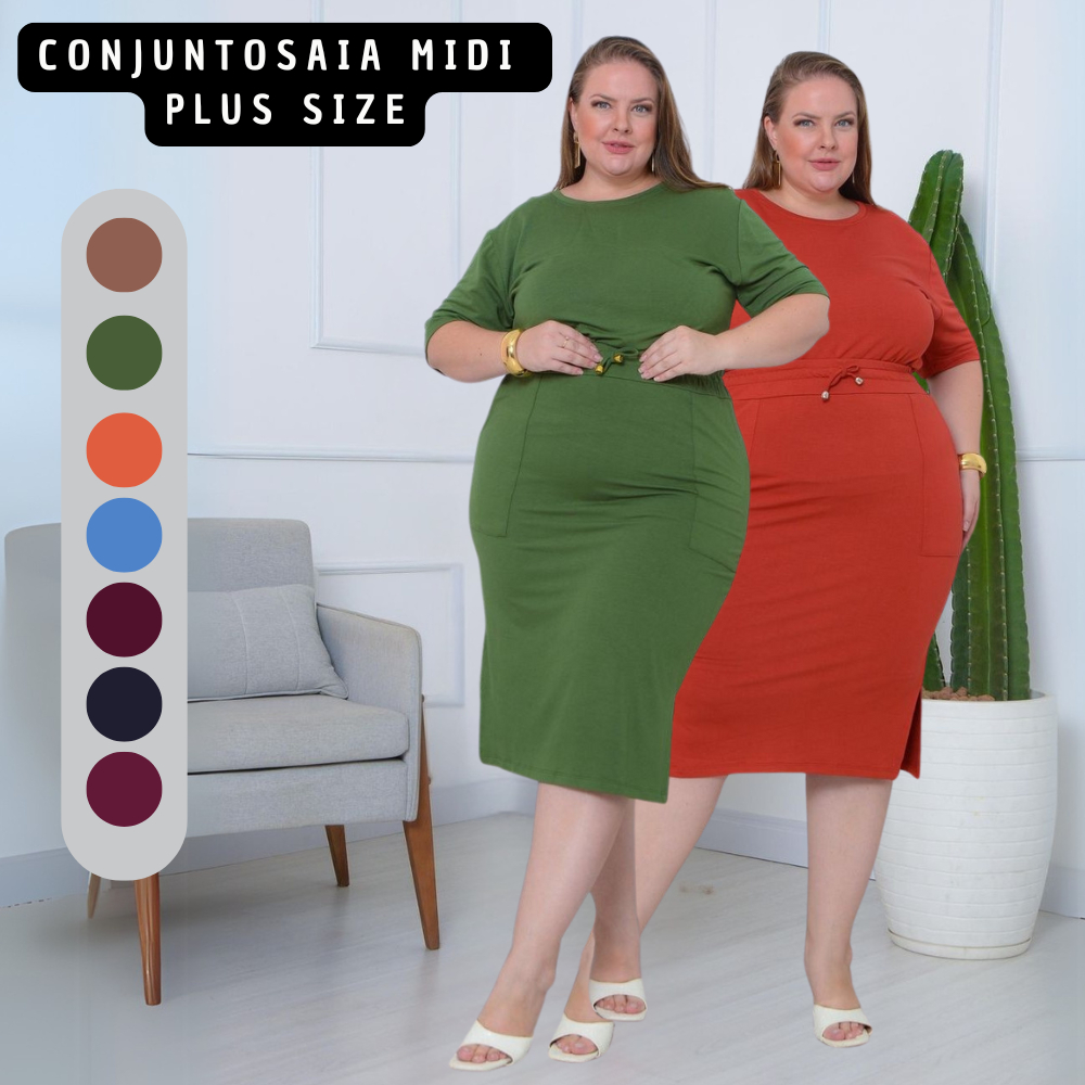 Conjunto Feminino Saia Midi Plus Size com Bolsos Mais Blusa Plus Moletinho