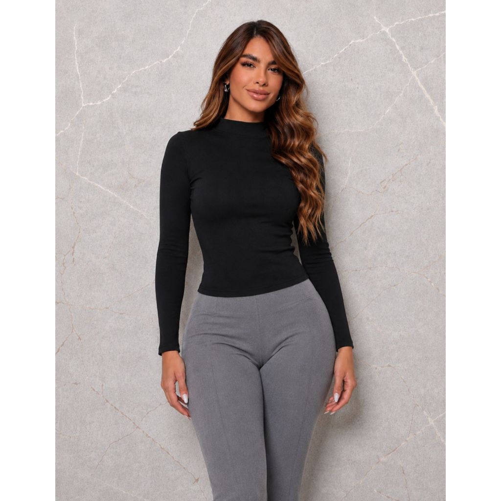 Blusa Cacharel Feminina Manga Longa Gola Alta Canelada Segunda Pele Inverno Elegante Básica Casual Moda Blogueira Shopee