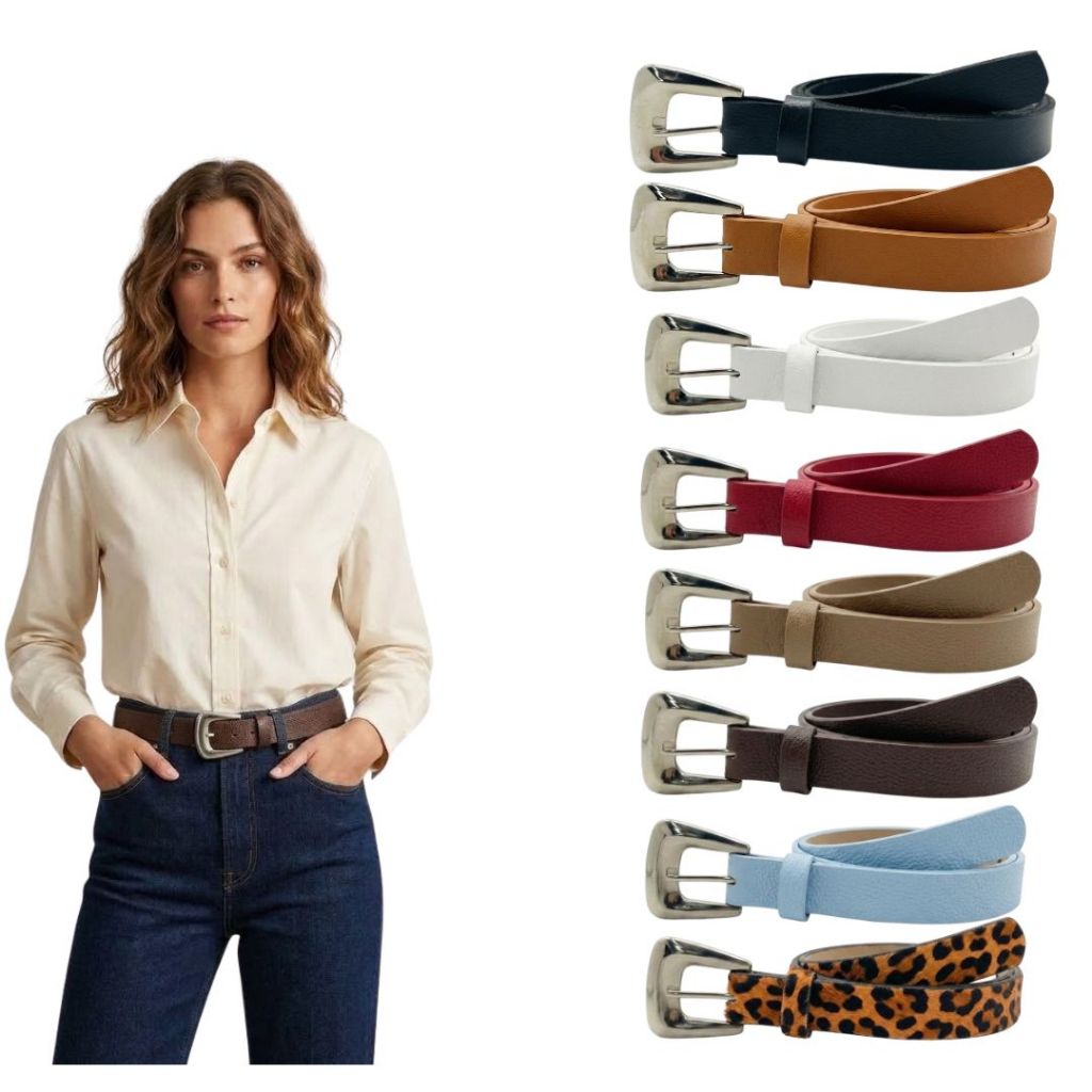 Cinto Feminino Fino 2cm Fivela Prata Metal Básica Clássica Casual Elegante da Moda Ajustável - Gabi