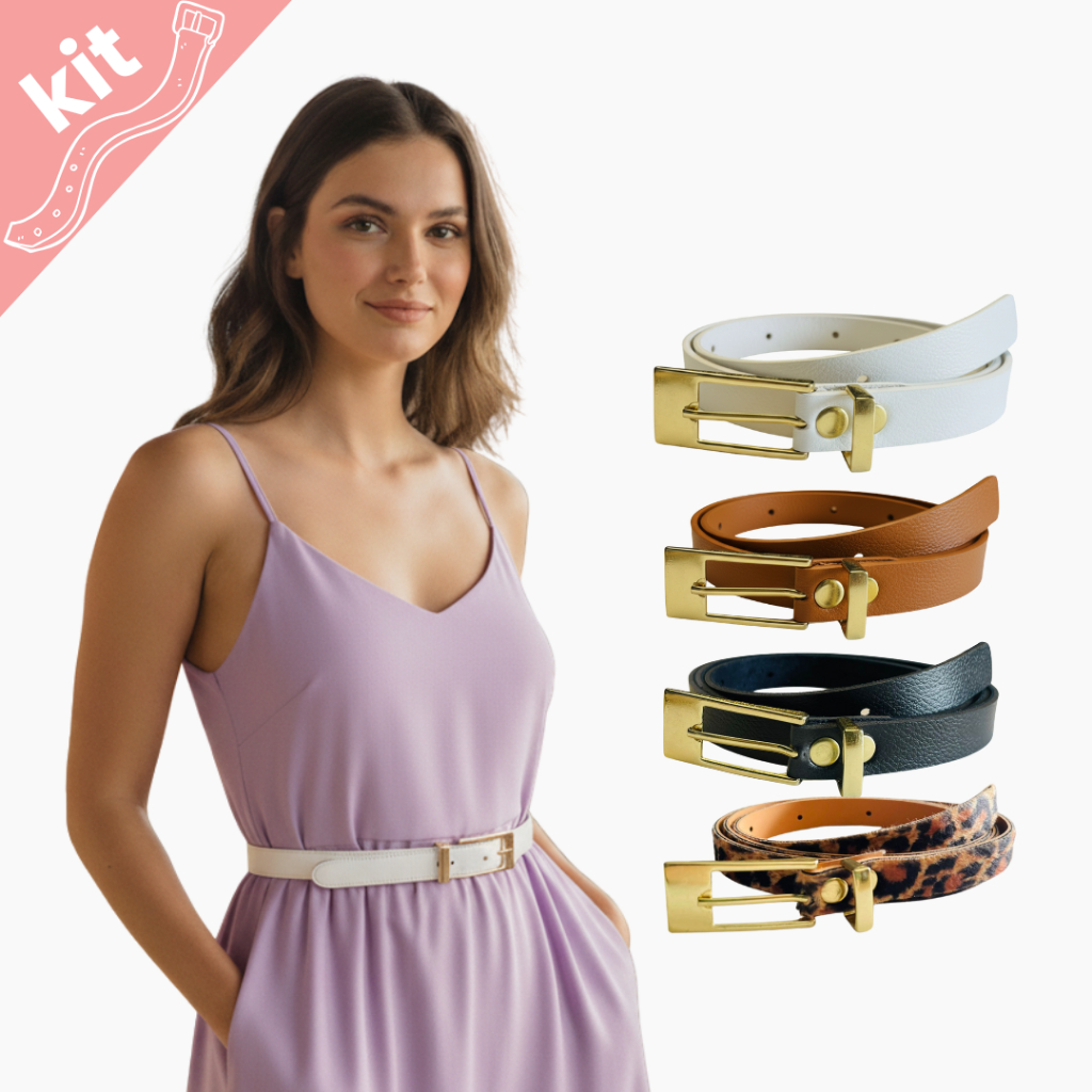 KIT 4 Cintos Feminino Fino 1.5cm larg Fivela Dourada com passador Moda Primavera Casual Estilo Blogueira- Maria