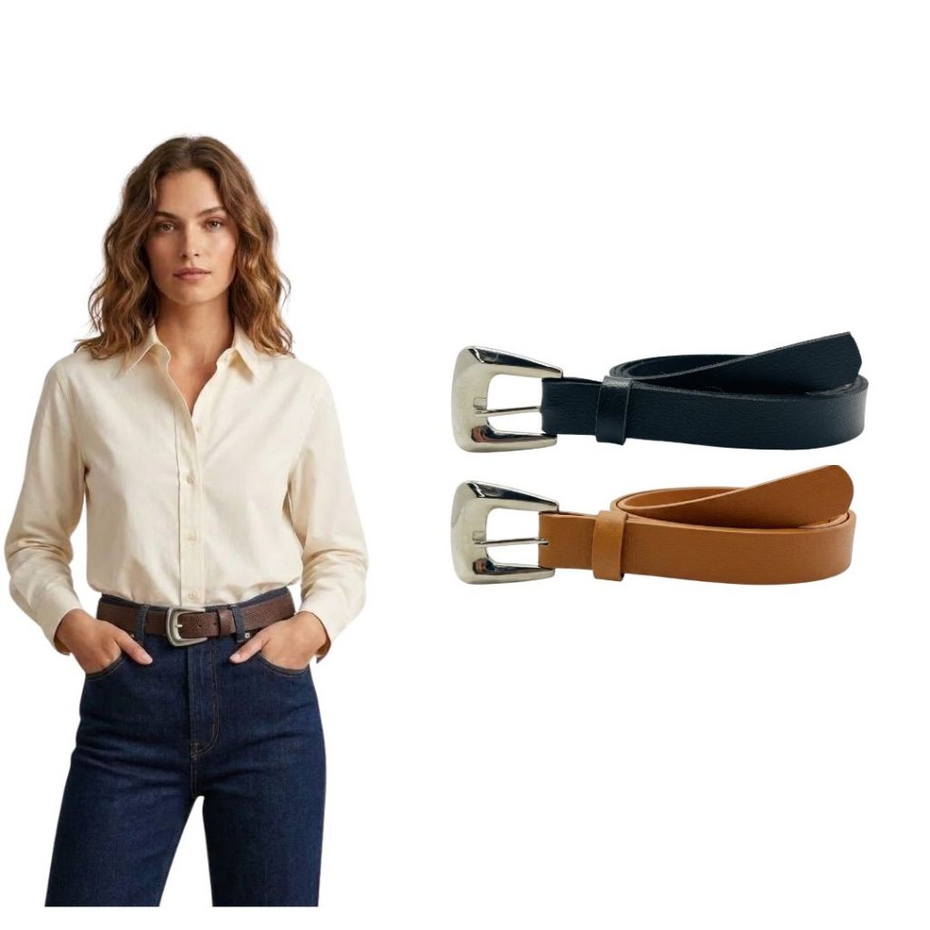 KiT 2 Cintos Feminino Fino 2cm Elegante da Moda Casual Blogueira Prata - Gabi