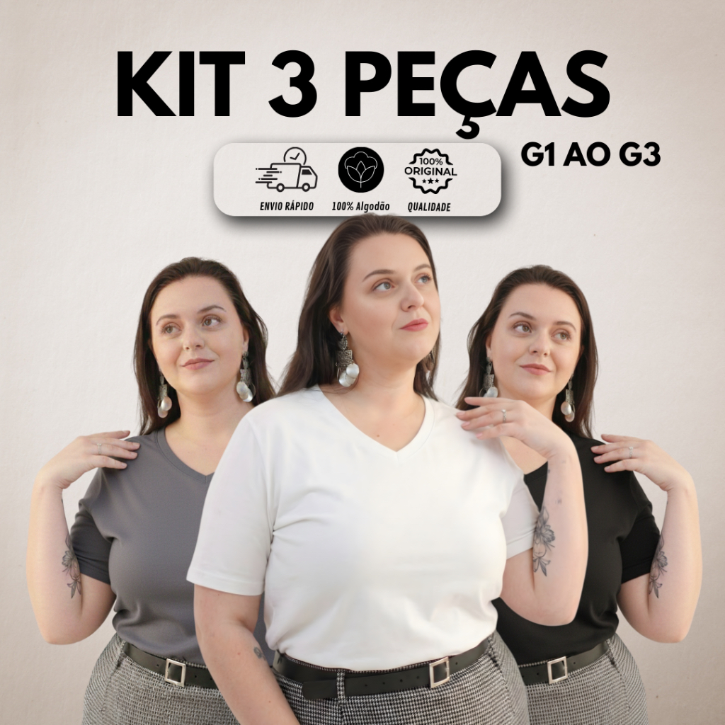 Kit 3 Camisetas Feminina Gola V 100% Algodão Blusa Básica Plus Size, moda blogueira, para trabalho, casual