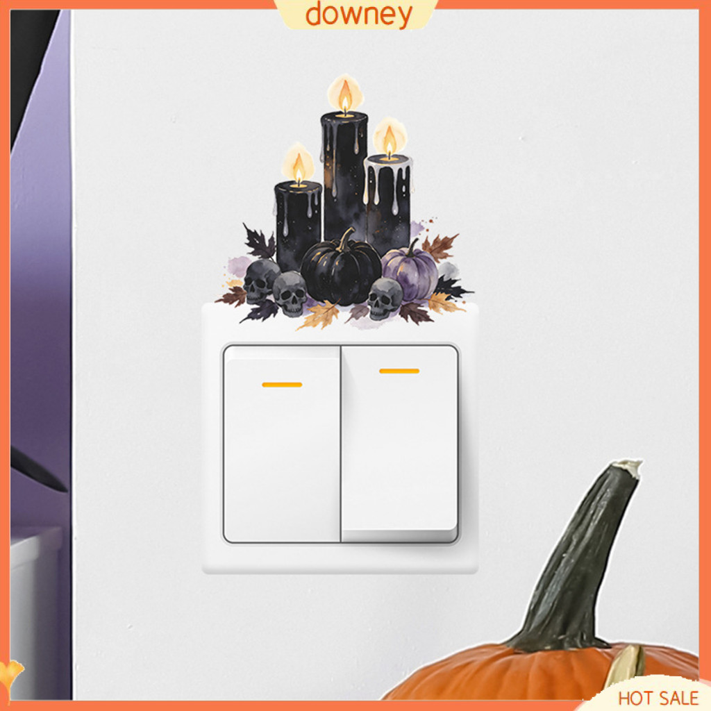Black Candle Pumpkin Skull Light Switch Sticker Halloween Wall Decal Removable Spooky Socket Outlet Decor for Bedroom Ro