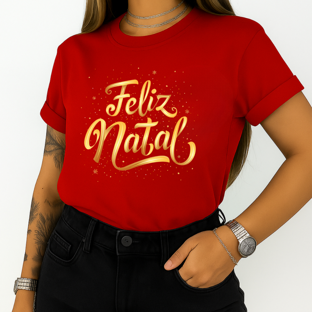 T-shit Slim Feliz Natal Dourado Feminina Presente Final do Ano Vermelho