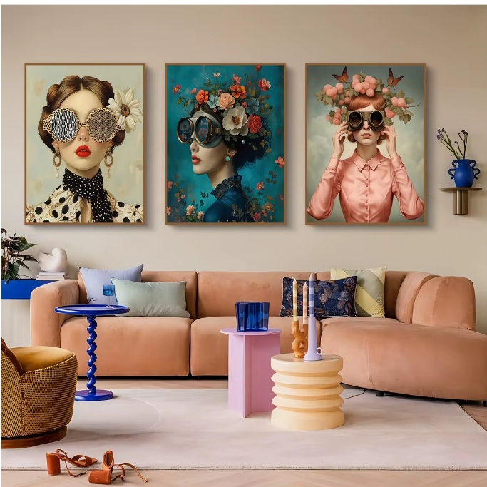Quadros decorativos Nordic boho moda óculos mulher com flores arte borboleta menina (3 peças)