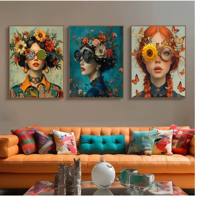 Quadros decorativos Nordic boho moda óculos mulher com flores arte borboleta menina (3 peças)