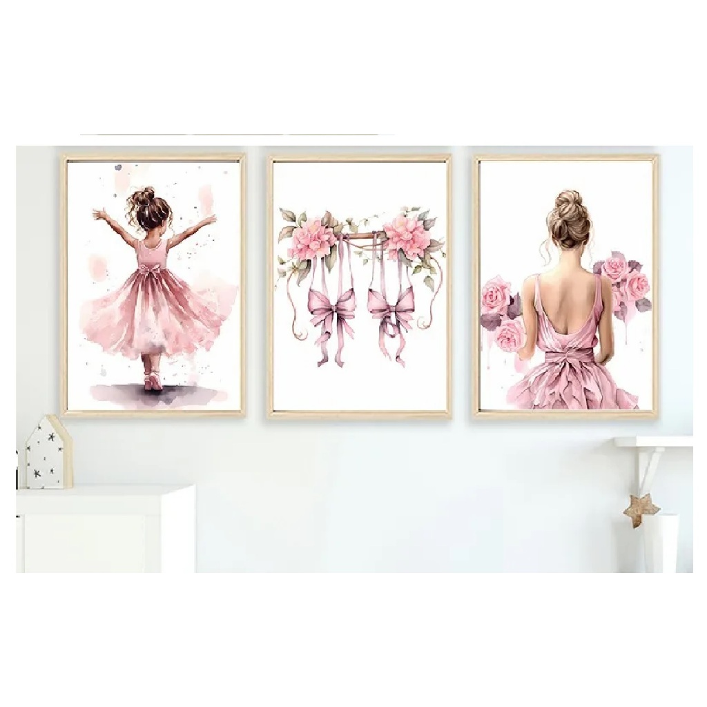 Quadros decorativos menina bonita do balé, desenhos animados flores (3 peças)