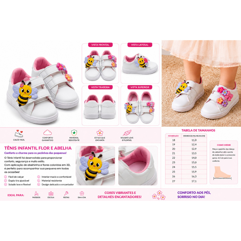 Tênis Infantil Menina Abelhinha 3D com Flores  Branco Rosa