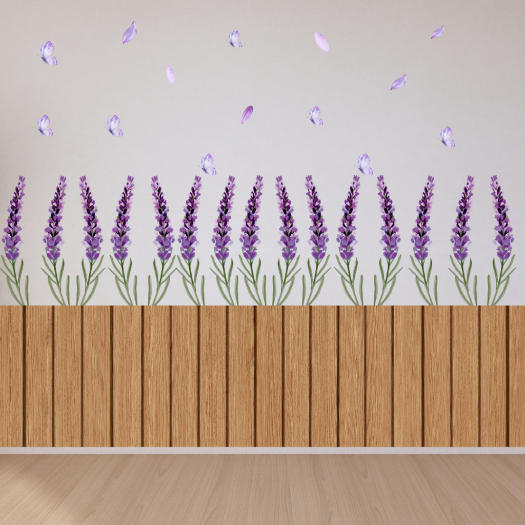 Adesivos de Parede Jardim Flores Lavanda Lilás Pétalas e Borboletas Decoração Quarto Menina