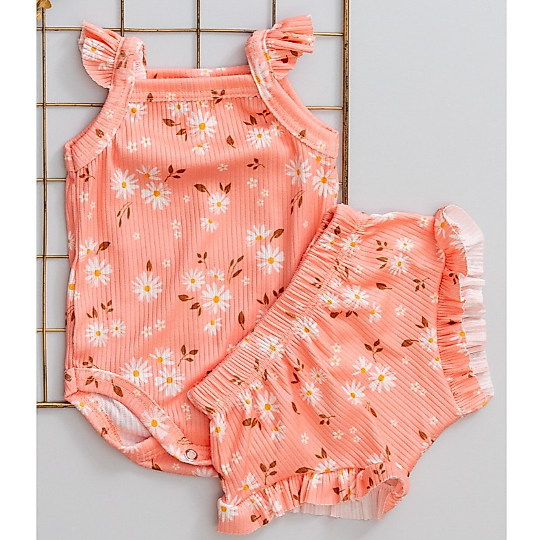 Conjunto Bebê Verão Canelado Fresquinho Menina Body e Tapa Fralda Babado Rosa com Estampa de Flores