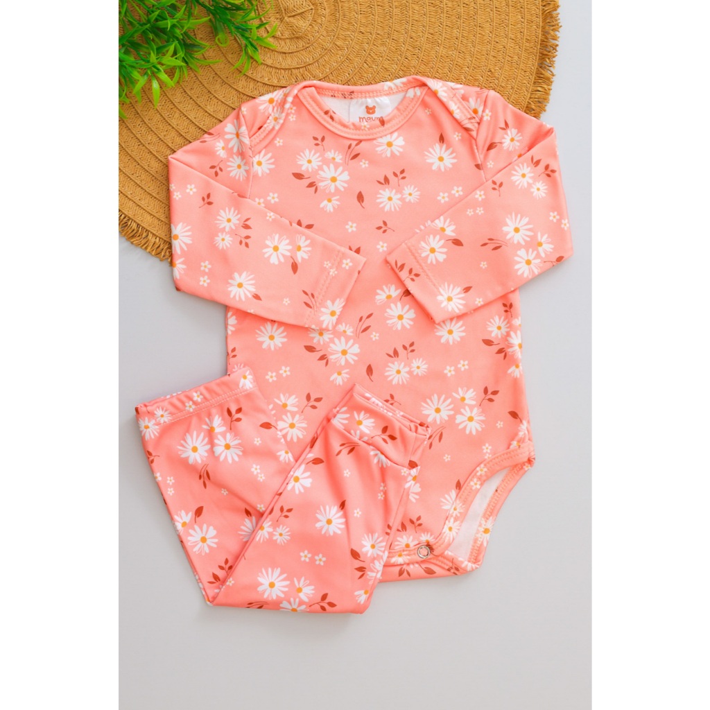 Conjunto Térmico Bebê Infantil Menina Pagão Salmão Flores Quentinho Inverno