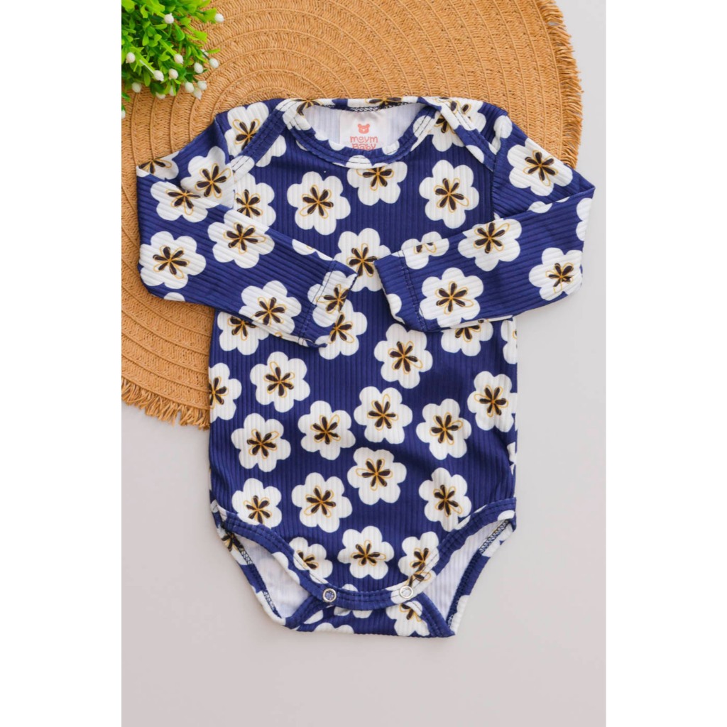Body Bebê Longo Canelado Menina Azul com estampa de Flores