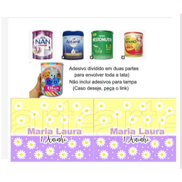Rótulos Adesivos Personalizados Para Lata Leite em pó 800G e 400g margarita flor menina