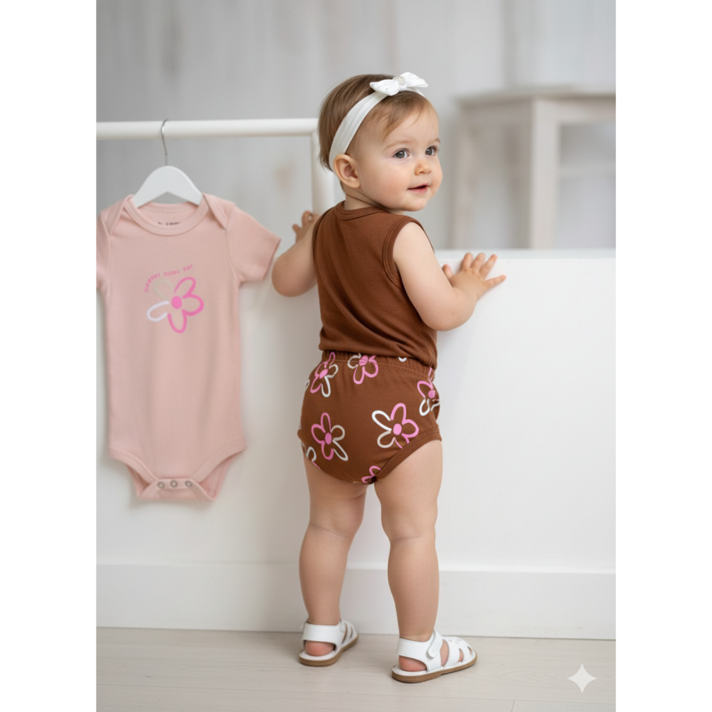 Kit Body e Tapa Fralda 3 peças, Bebê Menina Flores