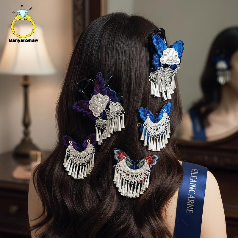 [BANY] Retro Étnico Bordado Borboleta Garra De Cabelo Pendurado Prata sels Acessório Para Festas De Cosplay Hanfu Bom