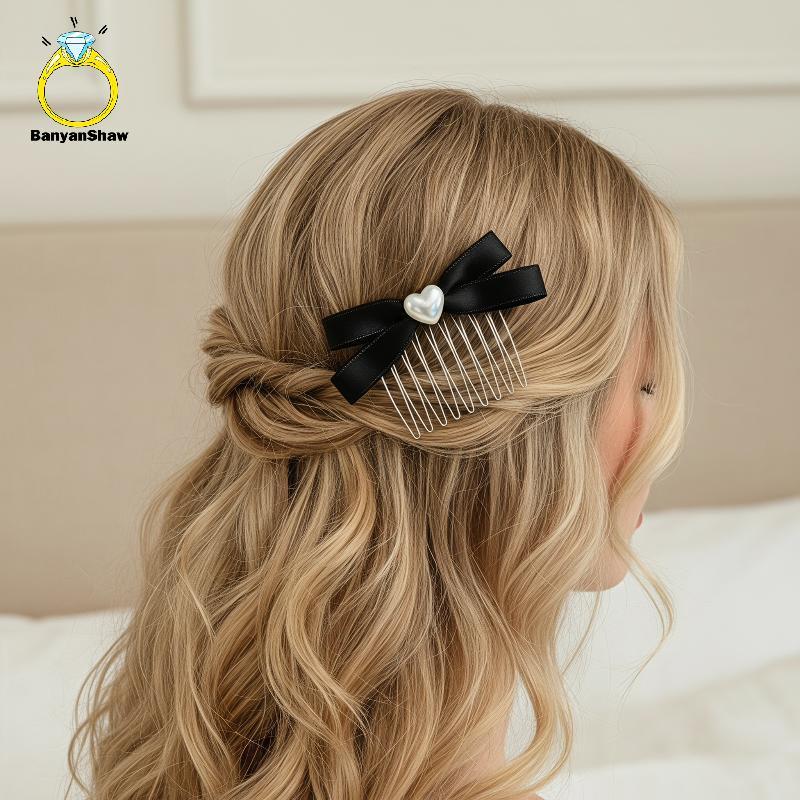 [BANY] Boho Estilo Fita Arco Hairb Falso Pérola Coração Decoração Dentes De Metal Para Praia Férias Verão Passeio Usar B