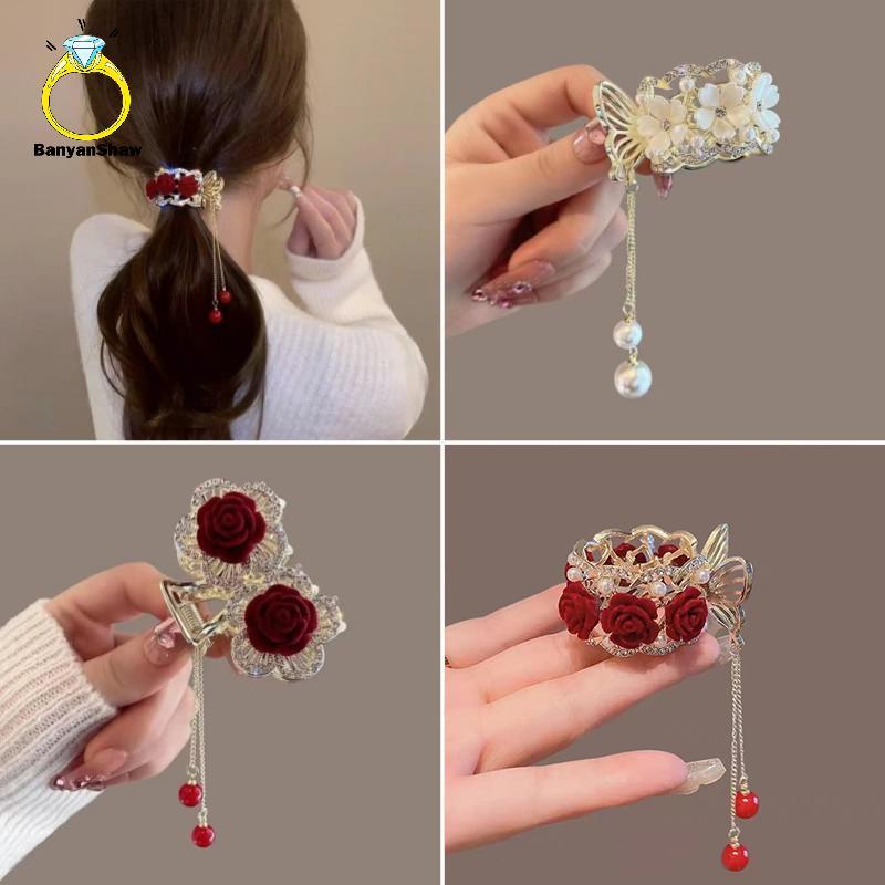 [BANY] Moda Strass sel Pérola Garras De Cabelo Flores Grampo Feminino Presilhas Rabo De Cavalo Titular Grampos Acessório