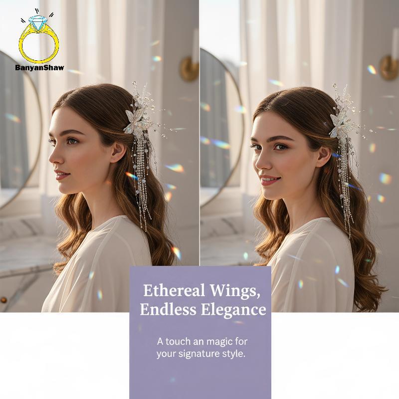 [BANY] Grampos De Cabelo Longos De Borboleta De Cristal , 1 Par De Acessórios Leves E Brilhantes De Luxo Para Mulheres ,