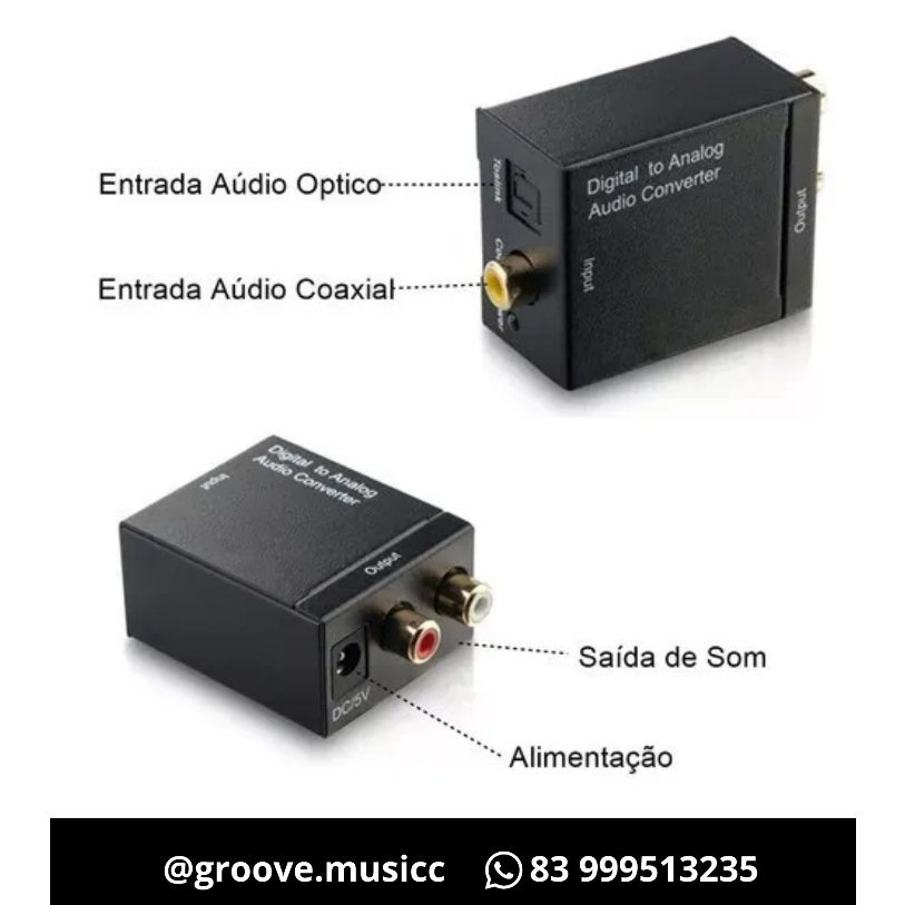 Conversor de Áudio Digital  Analógico - Entrada Optico Coaxial Para Saída RCA