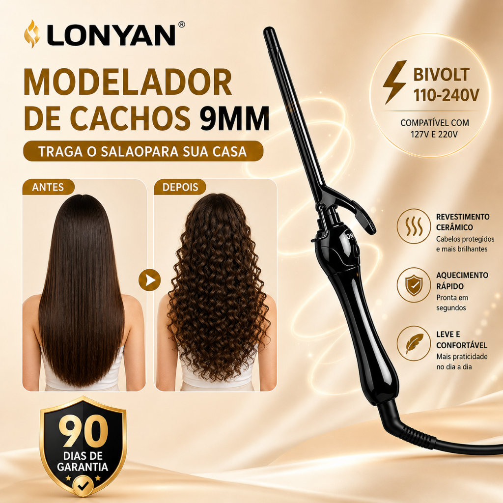 Modelador de Cachos Profissional 9mm LONYAN Bivolt 127V 220V Cerâmico Íon Desligamento Automático Aquecimento Rápido