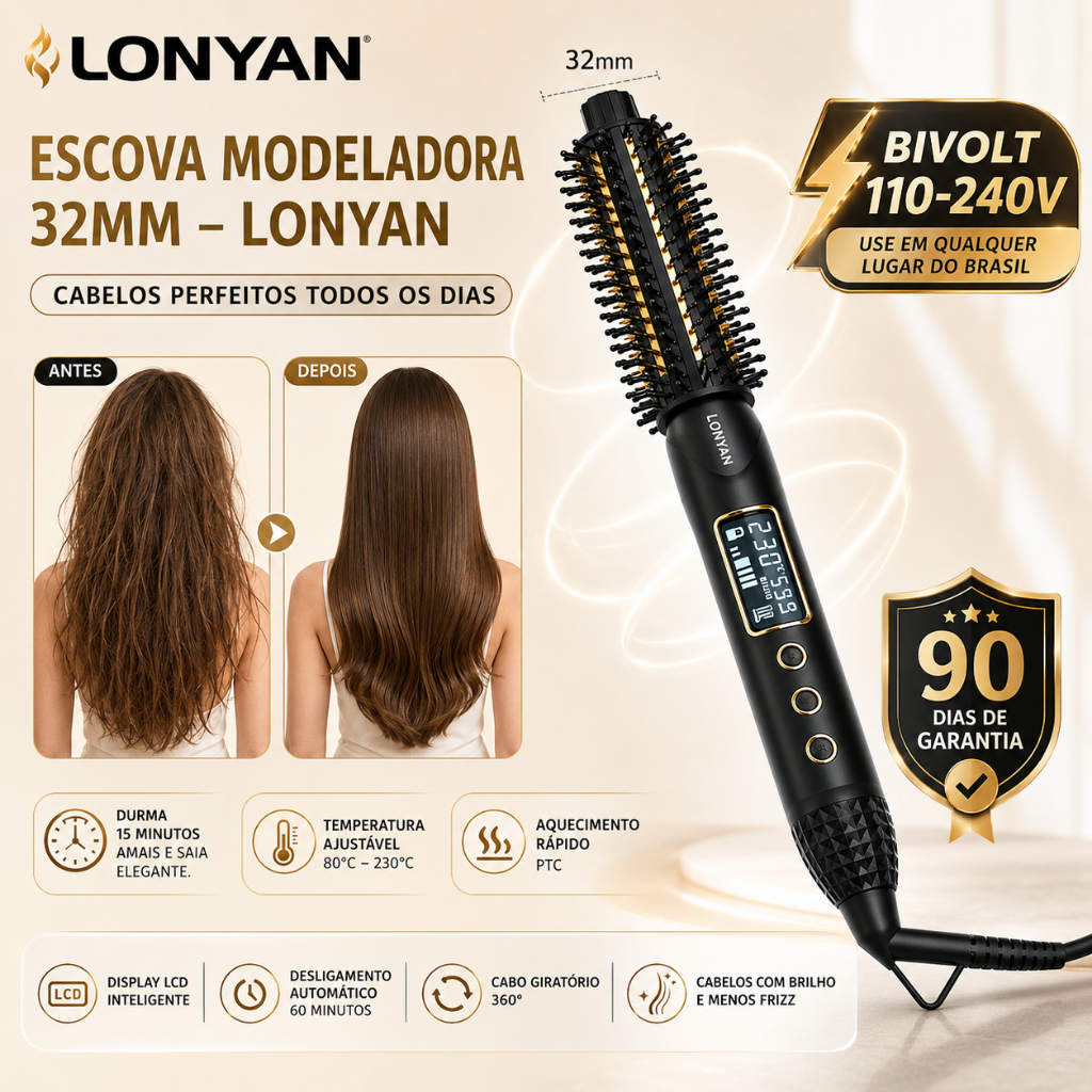 Escova Rotativa 32mm Bivolt 127V 220V Modelador de Cachos Profissional LONYAN Onda Anti Frizz Cerâmica Aquecimento LCD