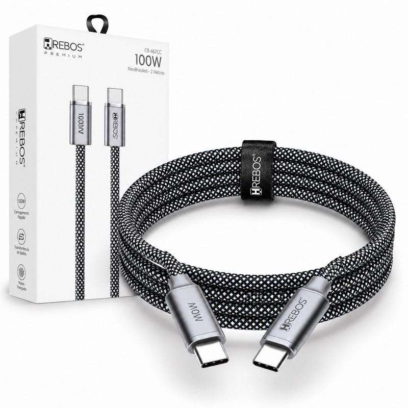 Cabo Tipo C  tipo C 100W 2 Metros Carregamento Rápido PD Fast Charge Nylon Trançado Hrebos Compatível Samsung iphone