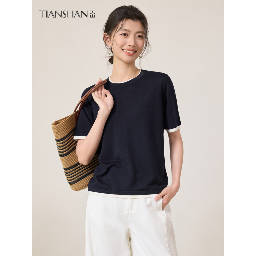 Tianshan verão Casual contraste cor em torno do pescoço Lyocell malha camiseta feminina simples solto estilo fino respir