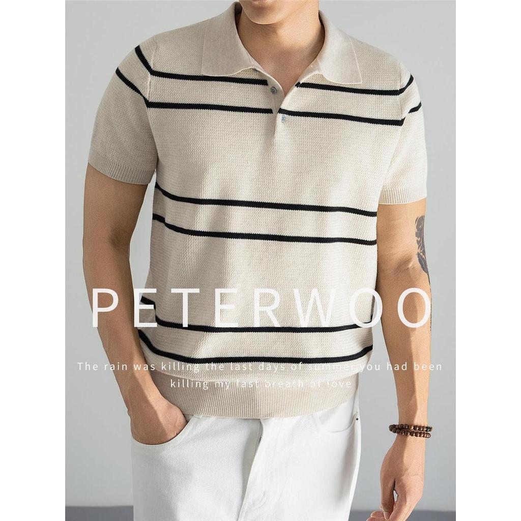 Estilo japonês estilo dinheiro antigo listrado contraste cor malha camisa POLO de manga curta masculina verão luz respir