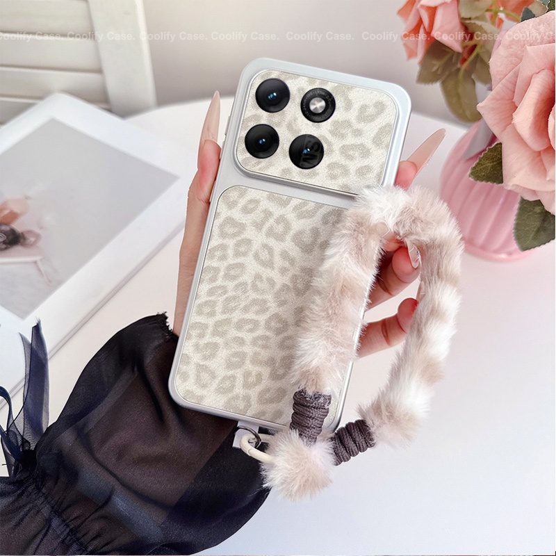 Capinha Xiaomi 15T 14T Pro Feminina Onça Glitter Proteção Câmera com Cordinha de Pelúcia