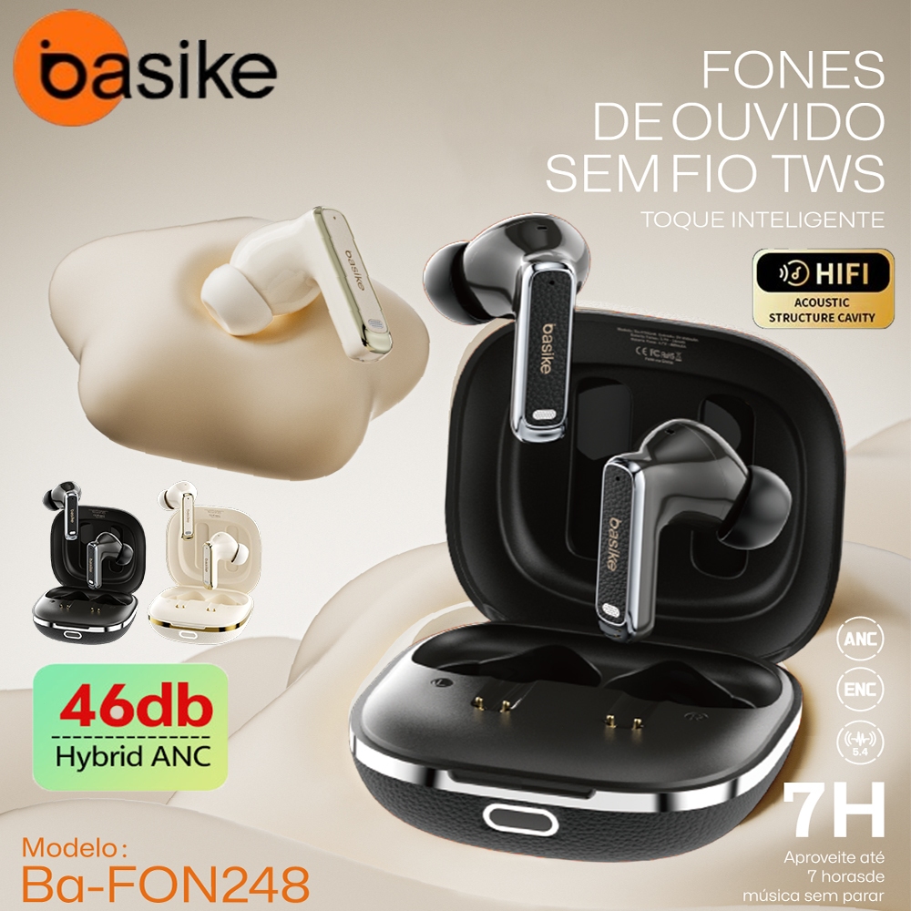 BASIKE ANC-46dB Fones De Ouvido Sem Fio ENC Cancelamento De Ruído 35h-Bateria IPX4 à prova d'água 4-Mic Bluetooth5.4