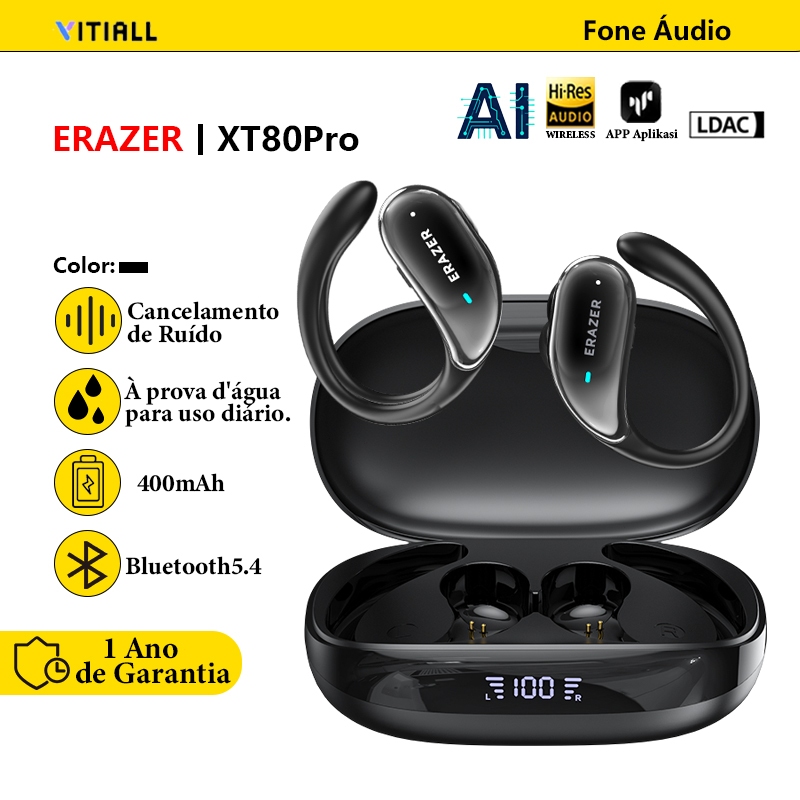 ERAZER XT80 Pro Fone de Ouvido TWS Sem Fio Bluetooth5.4 Função de Tradução IA Controle por Toque Sensível Som EstéroHiFi
