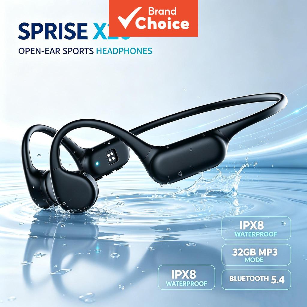 SPRISE X20 Fones De Ouvido De Condução Óssea Abertos Bluetooth5.4 IPX8 À Prova D'água 32GB Armazenamento De MP3 Natação