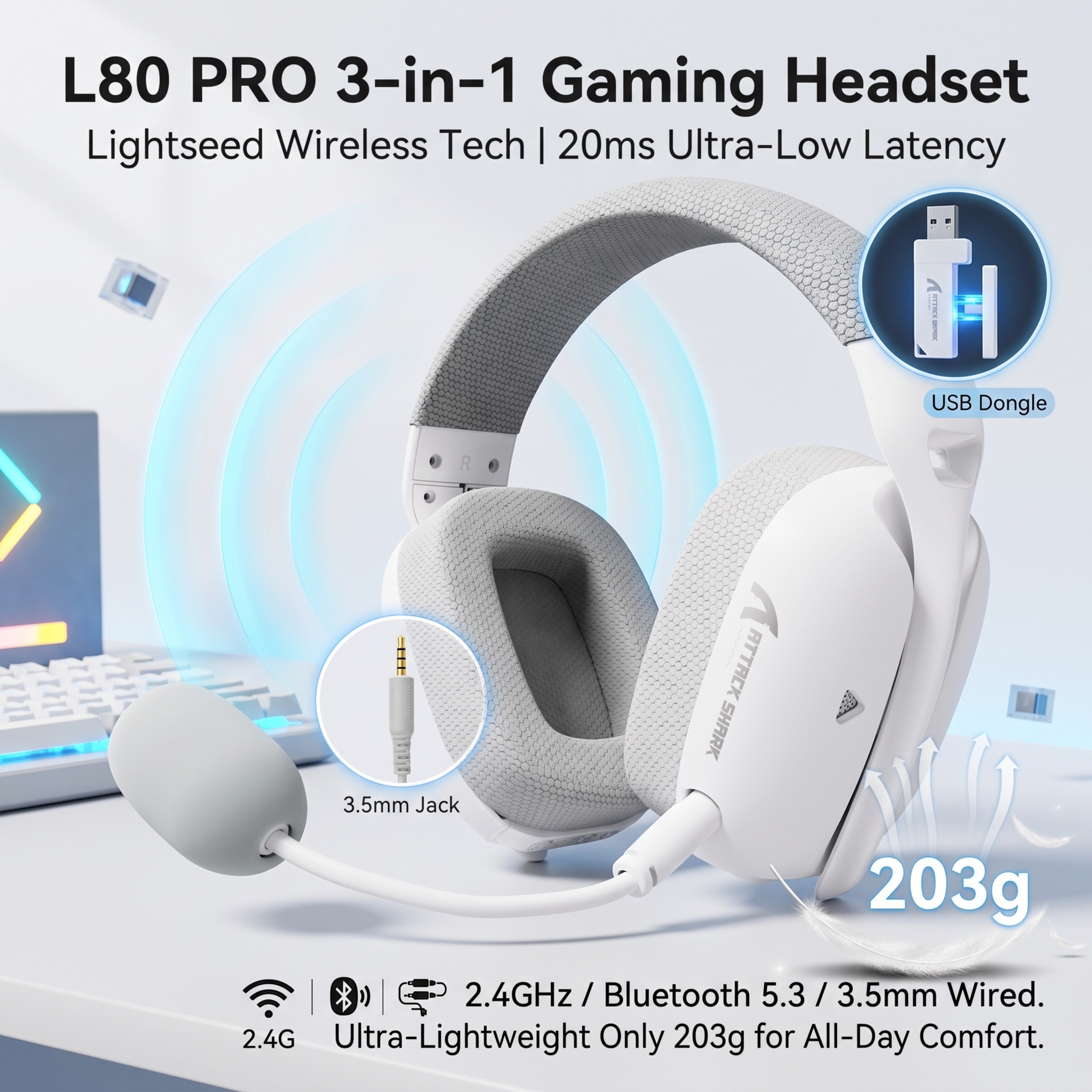 Attack Shark L80PRO 3 Em 1 Fones De Ouvido Para Jogos Fone Lightseed Tecnologia Sem Fio 2.4G Bluetooth5.3 3.5 Mm Com 20