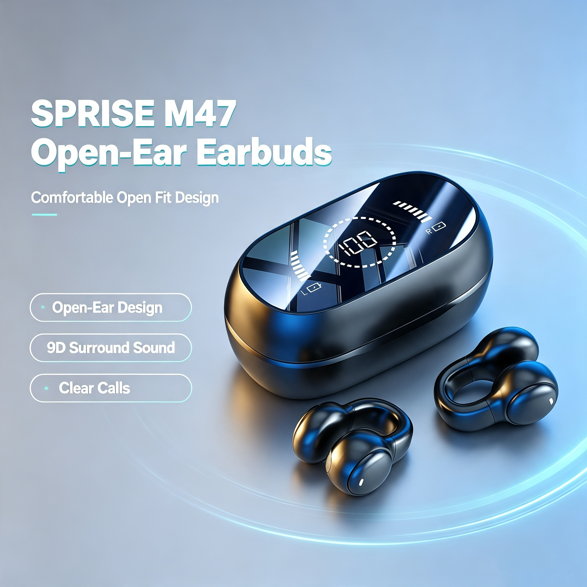 SPRISE M47 Fones De Ouvido Com Clipe Aberto Bluetooth5.3 Display Digital 9D Surround Sound Touch Control Estéreo Sem Fio