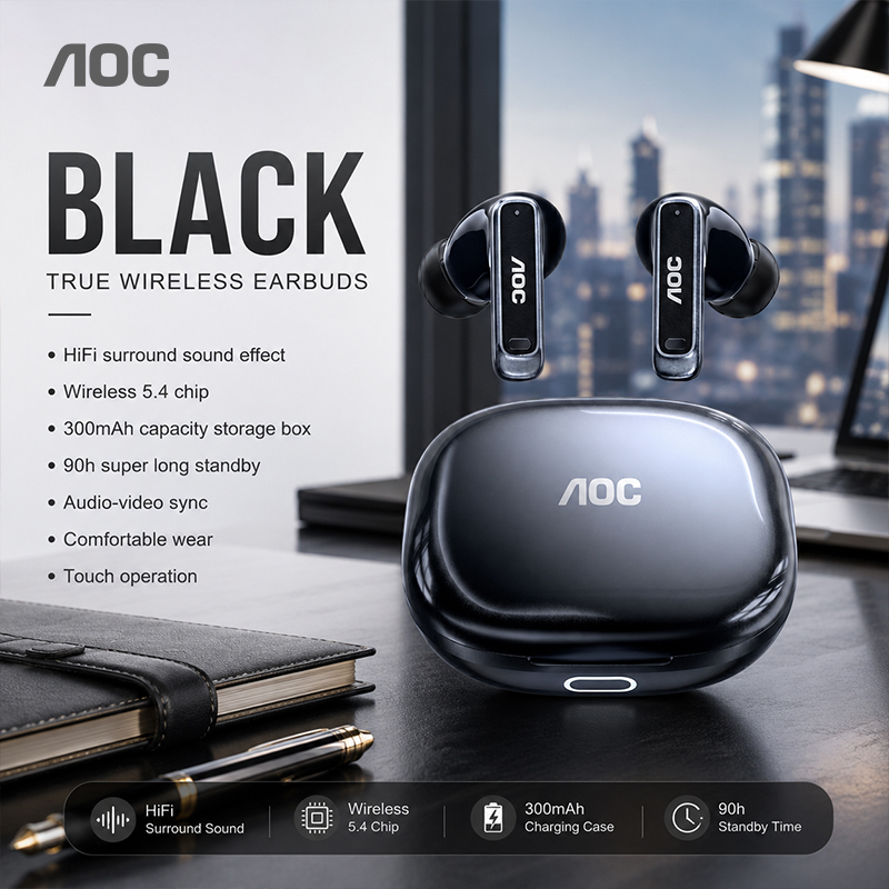 AOC ACT4611 Fones De Ouvido TWS Sem Fio Bluetooth5.4 Chip De Baixa Latência Conexão Estável Estéreo Surround HD Chamada